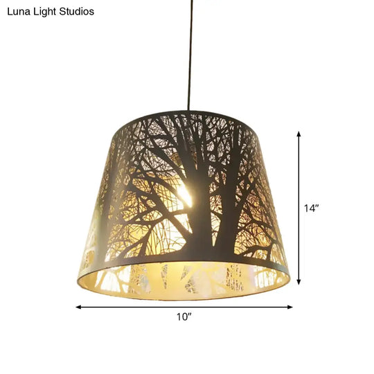 Black Metal Wire Cage Pendant Lamp With Etched Tree Patterned Drum Shade For Dining Room