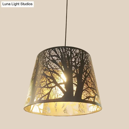 Black Metal Wire Cage Pendant Lamp With Etched Tree Patterned Drum Shade For Dining Room