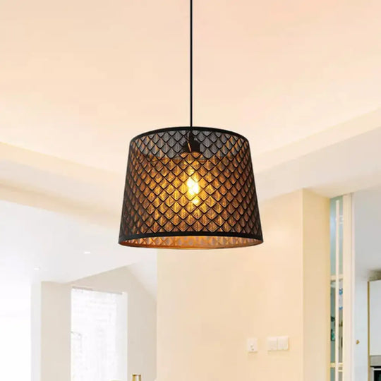 Black Metal Wire Cage Pendant Lamp With Etched Tree Patterned Drum Shade For Dining Room / A