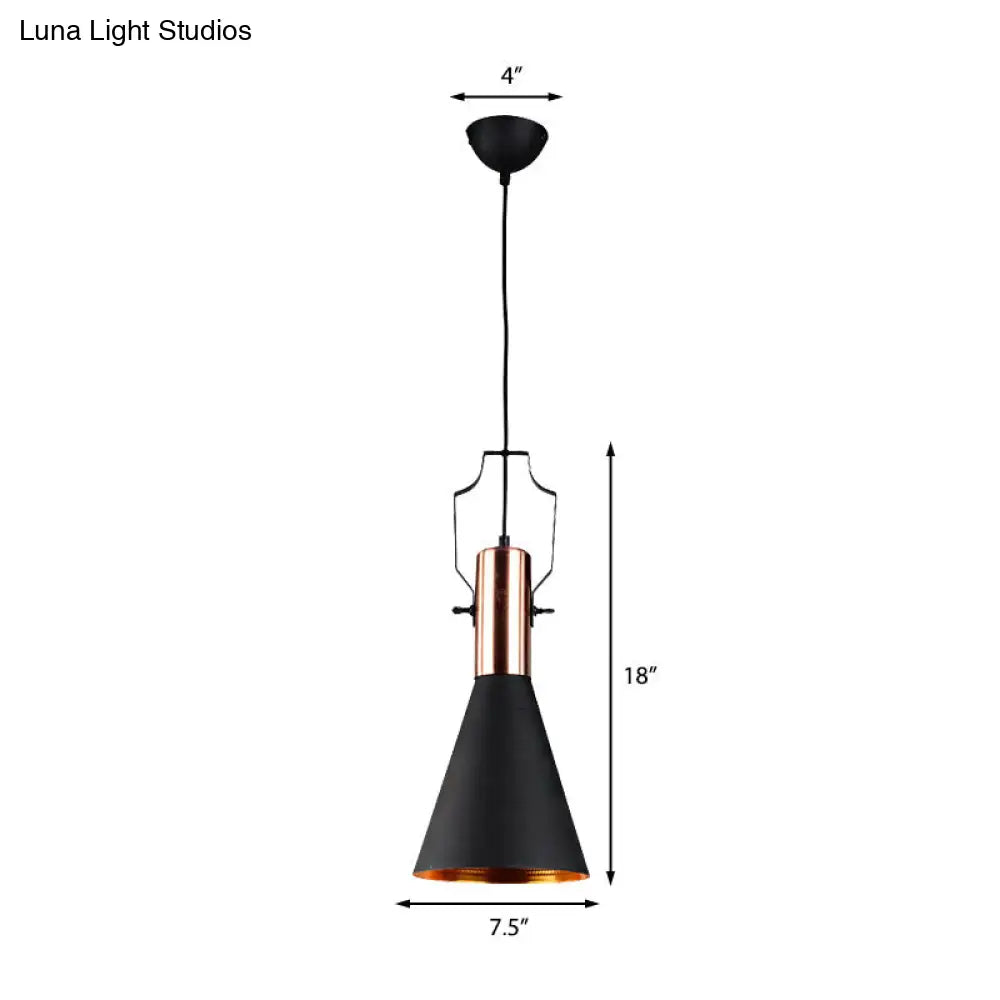 1-Bulb Pendant Light: Adjustable Metallic Hanging Ceiling Light In Black With Cone/Urn/Flared Shade