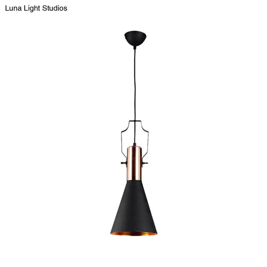 1-Bulb Pendant Light: Adjustable Metallic Hanging Ceiling Light In Black With Cone/Urn/Flared Shade