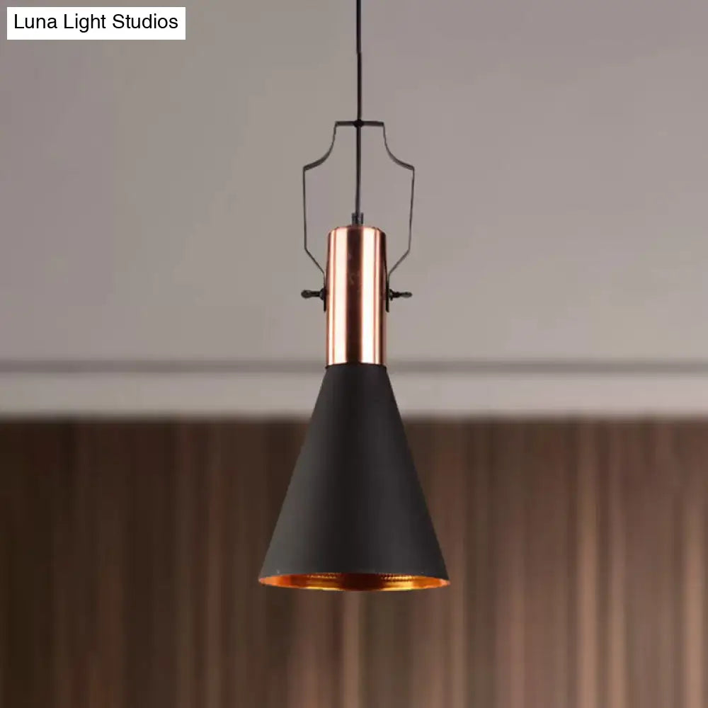 1-Bulb Pendant Light: Adjustable Metallic Hanging Ceiling Light In Black With Cone/Urn/Flared Shade