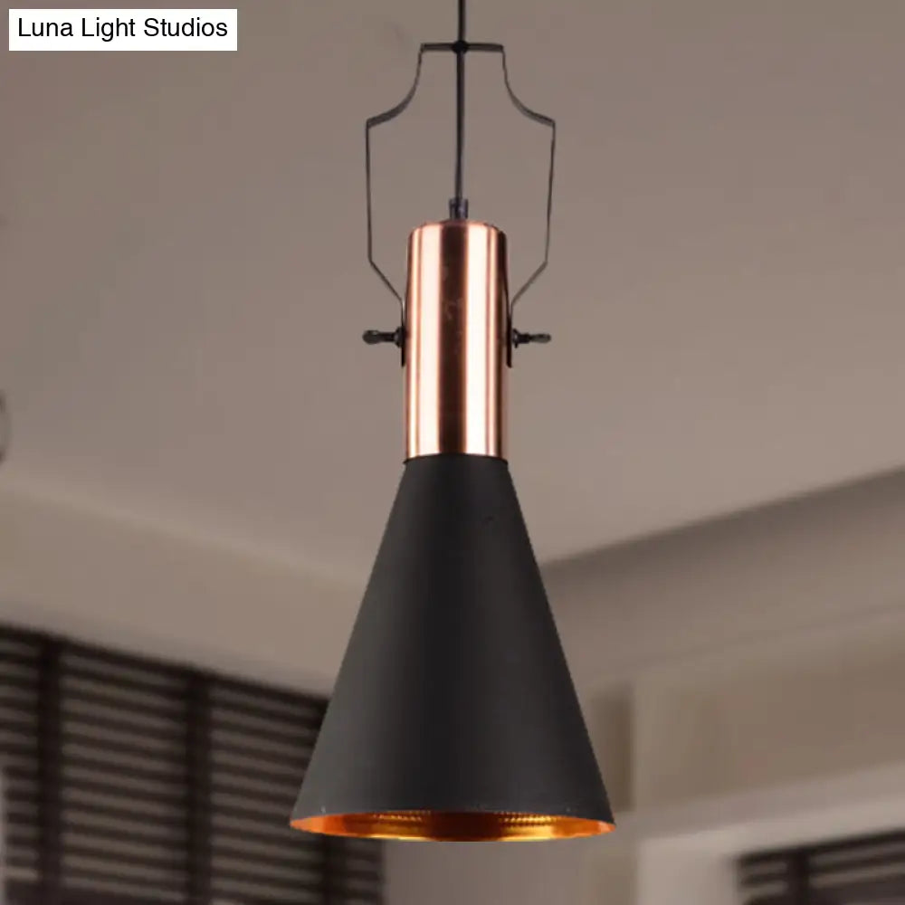 1-Bulb Pendant Light: Adjustable Metallic Hanging Ceiling Light In Black With Cone/Urn/Flared Shade