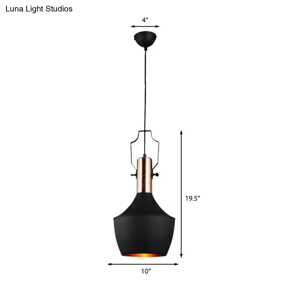 1-Bulb Pendant Light: Adjustable Metallic Hanging Ceiling Light In Black With Cone/Urn/Flared Shade