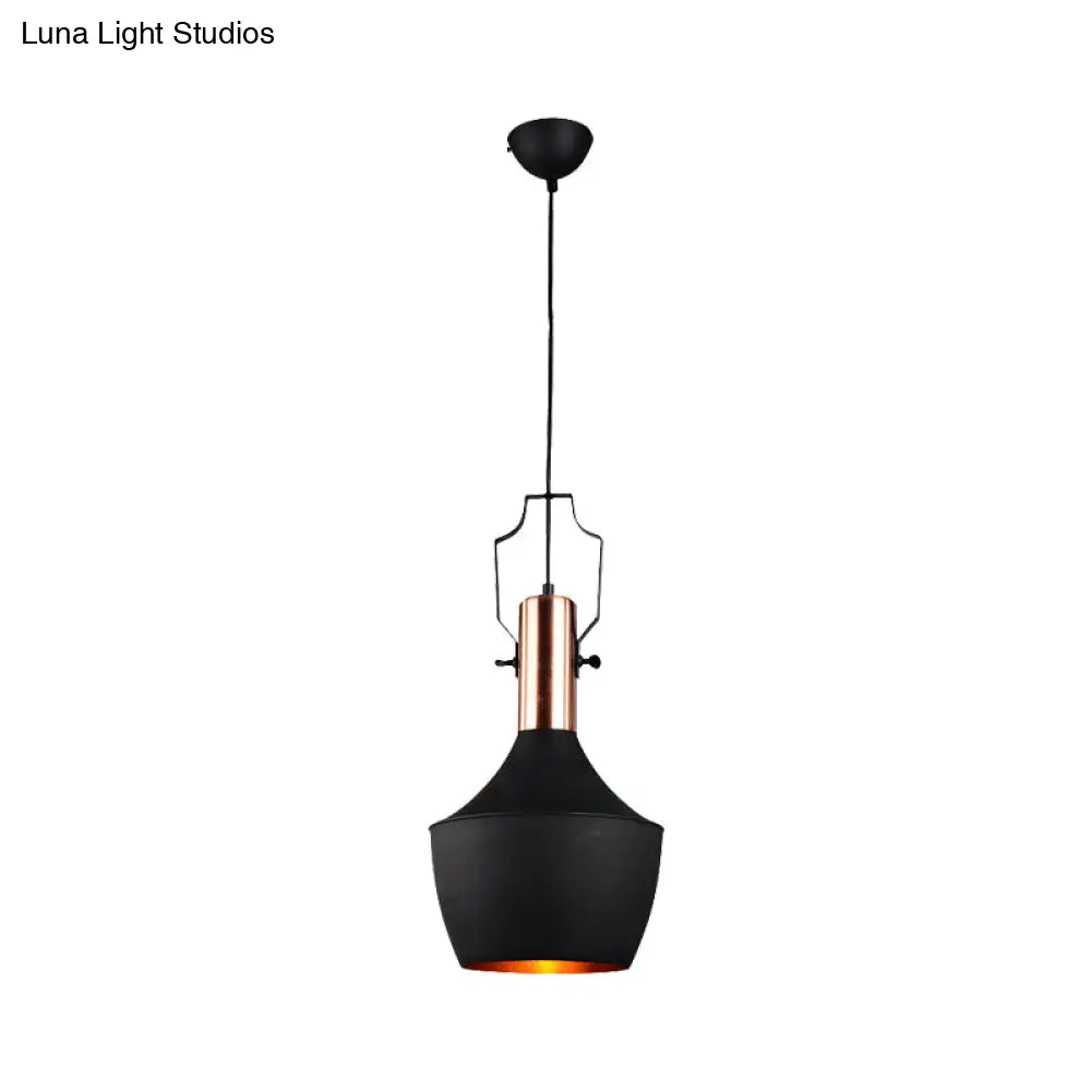 1-Bulb Pendant Light: Adjustable Metallic Hanging Ceiling Light In Black With Cone/Urn/Flared Shade