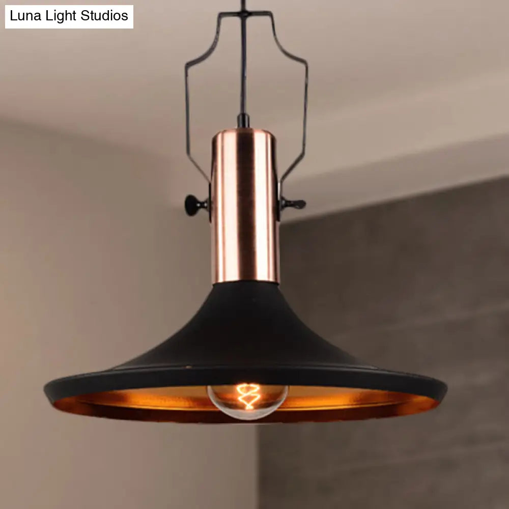 1-Bulb Pendant Light: Adjustable Metallic Hanging Ceiling Light In Black With Cone/Urn/Flared Shade