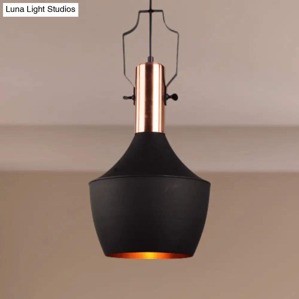 1-Bulb Pendant Light: Adjustable Metallic Hanging Ceiling Light In Black With Cone/Urn/Flared Shade