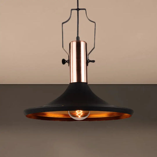 Black Metallic Pendant Light With Cone/Urn/Flared Shade - Adjustable Cord / Wide Flare