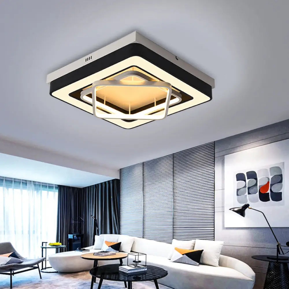 Black Metallic Square Flush Mount Led Ceiling Lamp For Stylish Modern Bedroom Lighting