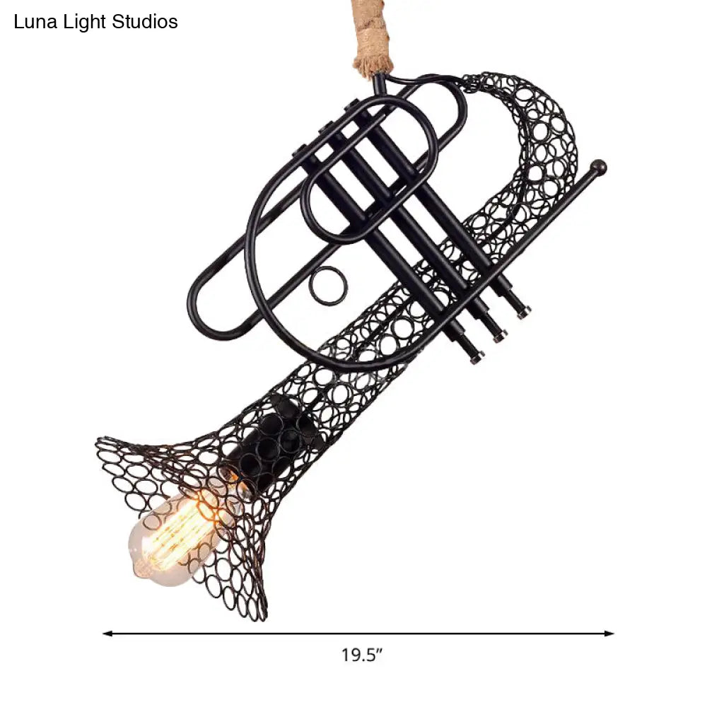 Black Metallic Trumpet Pendant Light With Mesh Shade - Rustic Retro Balcony Hanging