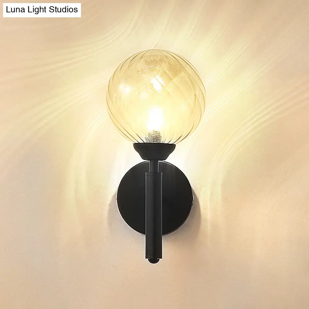 Black Modern Globe Wall Light With Clear Textured Glass And 1 Bulb