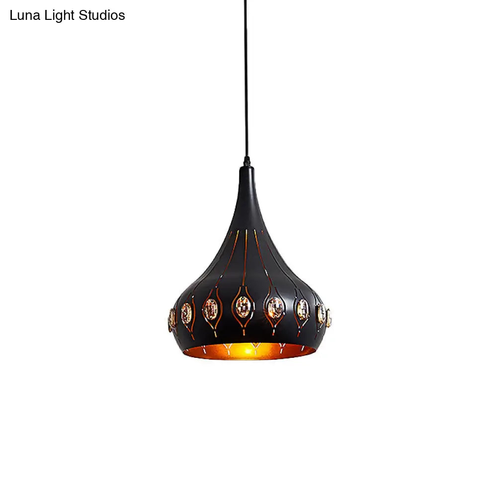 Modern Black Finish Hanging Ceiling Lamp With Onion Metal Shade - 1 Bulb Dining Room Down Lighting