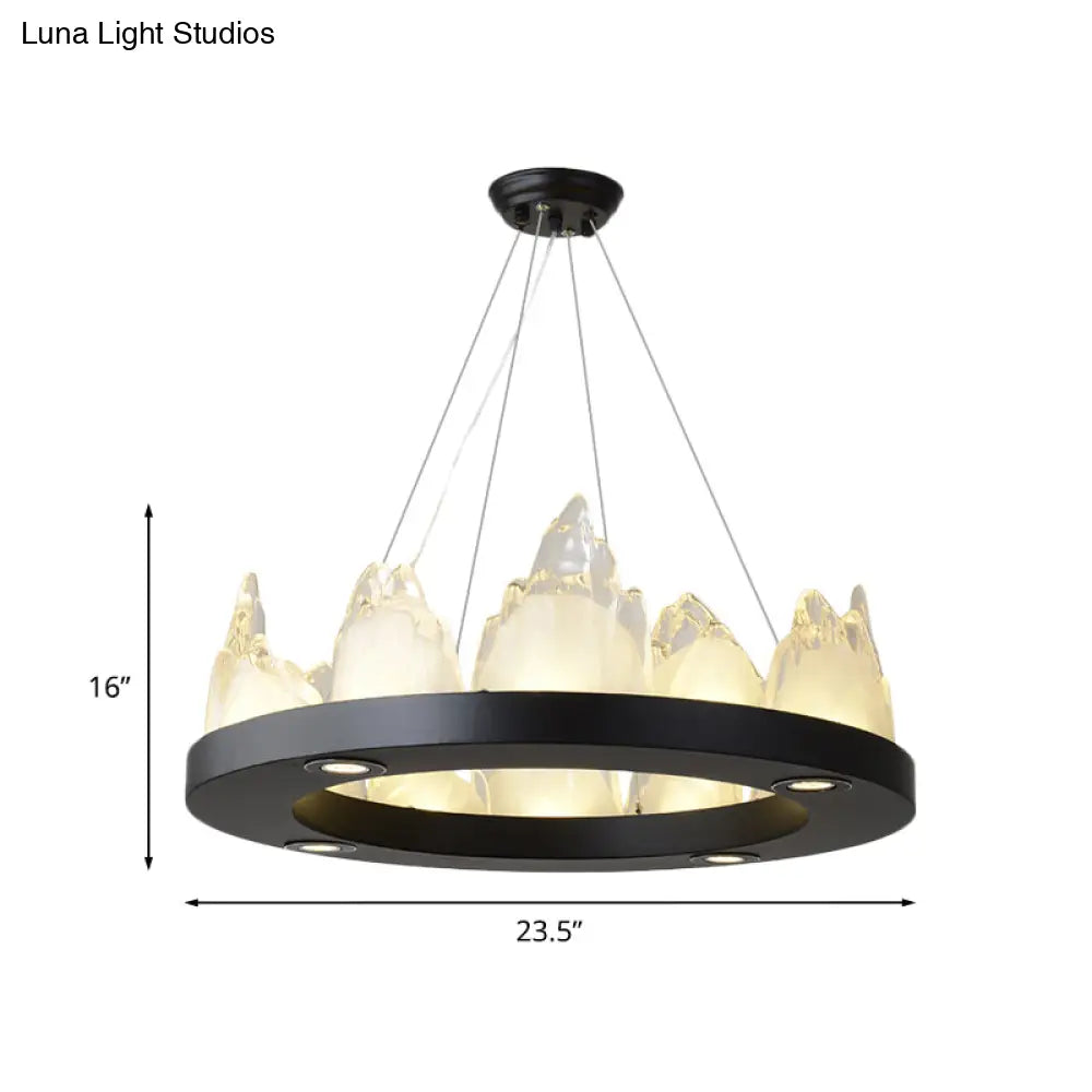 Black Modernism Led Ring Pendant Chandelier With Crystal Block For Living Room