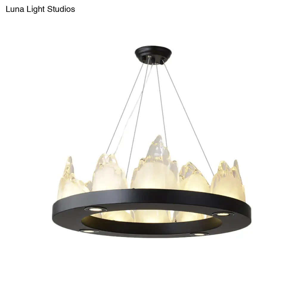 Black Modernism Led Ring Pendant Chandelier With Crystal Block For Living Room