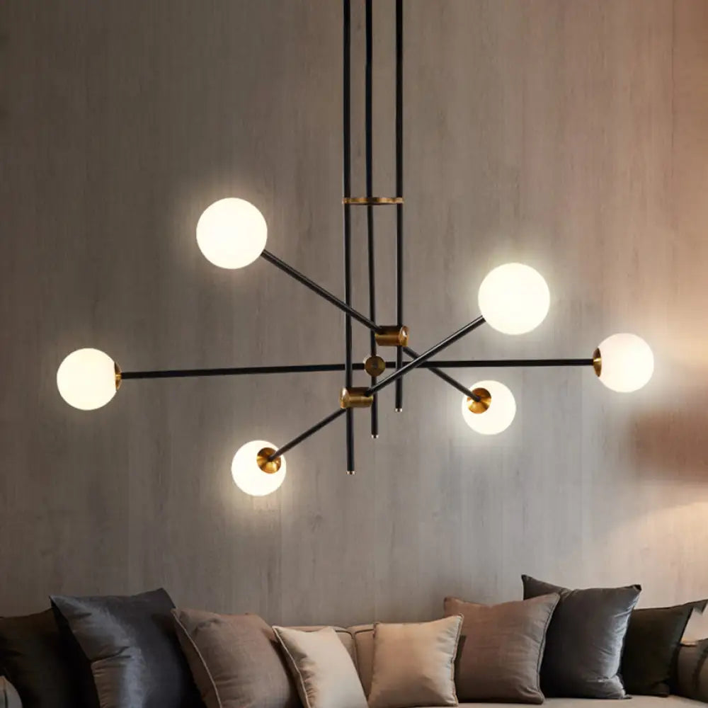 Black Modernist 2/3-Light Living Room Pendant Lighting With Opal Glass Ball Shade And Exposed