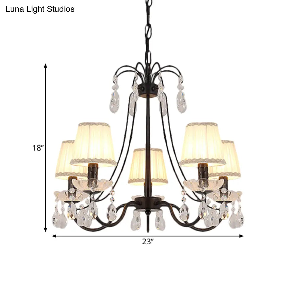 Black Modernist Cone Hanging Chandelier - Fabric 5/6/8 Bulbs Restaurant Down Lighting With Crystal