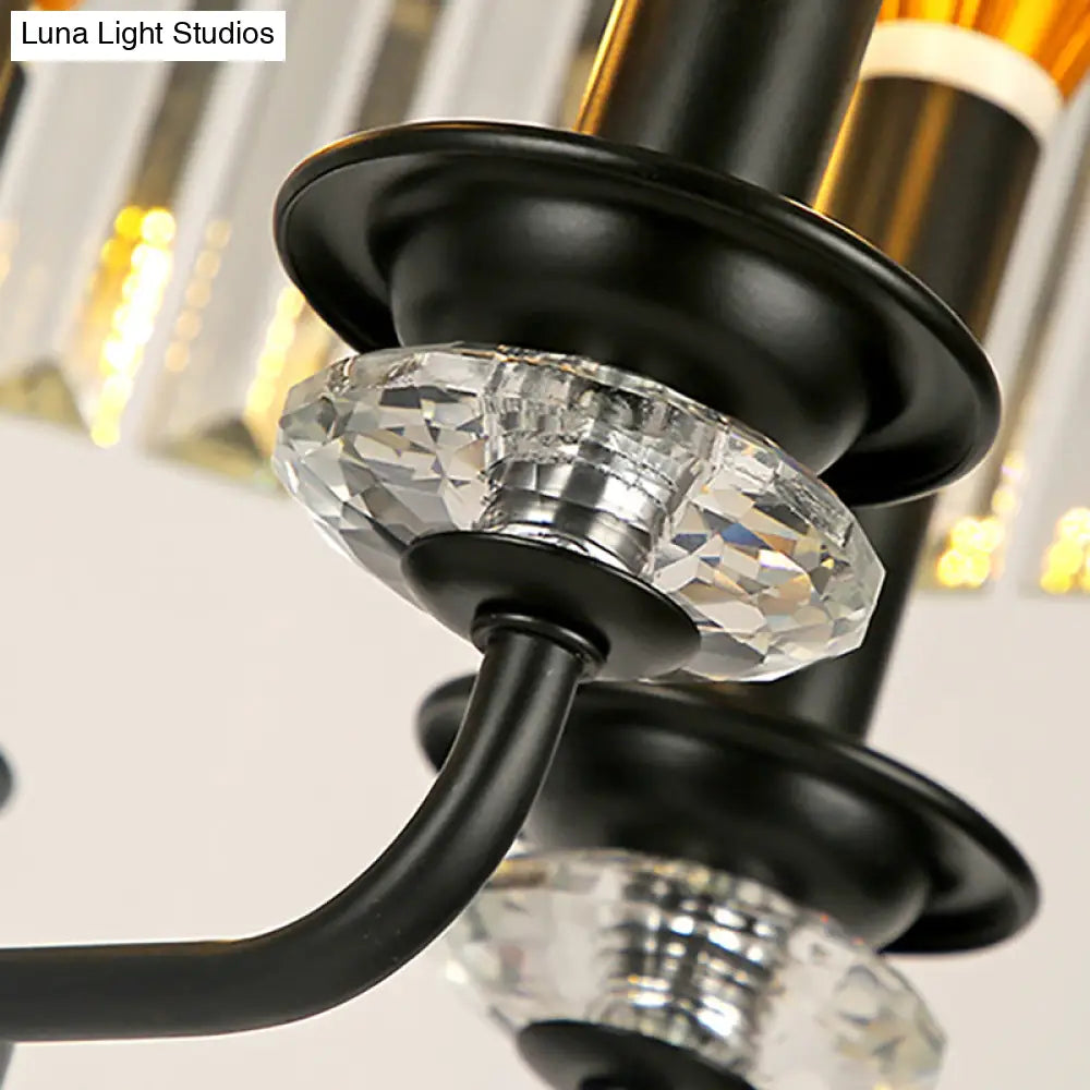 Black Modernist Crystal Block Chandelier With Drum Shade - 5 Light Suspension Lamp