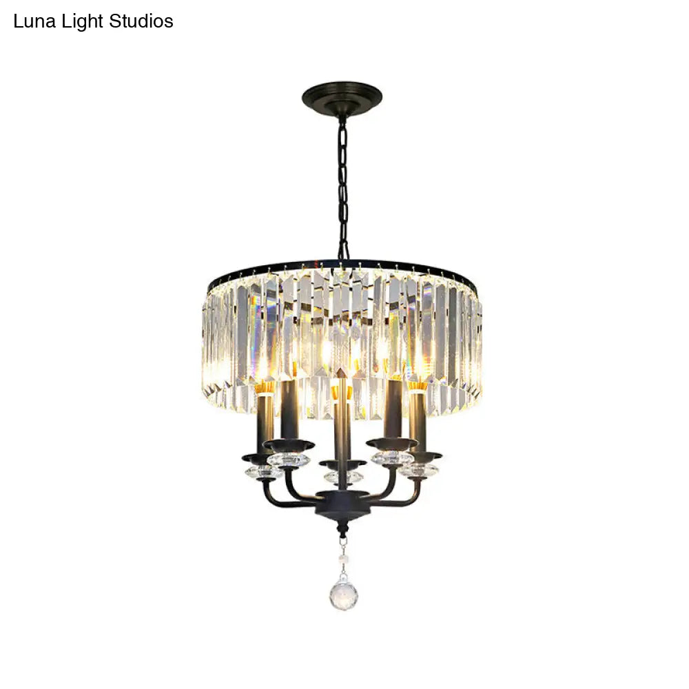 Modernist Black Crystal Chandelier With Drum Shade - 5 Light Suspension Lamp