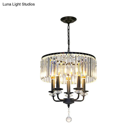 Modernist Black Crystal Chandelier With Drum Shade - 5 Light Suspension Lamp