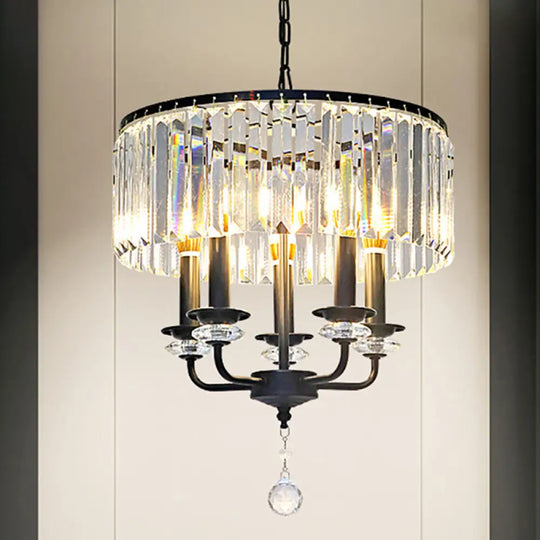 Black Modernist Crystal Block Chandelier With Drum Shade - 5 Light Suspension Lamp