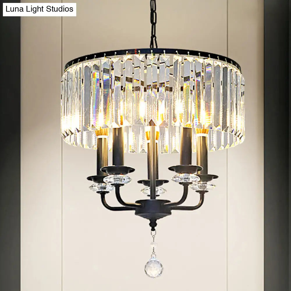 Modernist Black Crystal Chandelier With Drum Shade - 5 Light Suspension Lamp