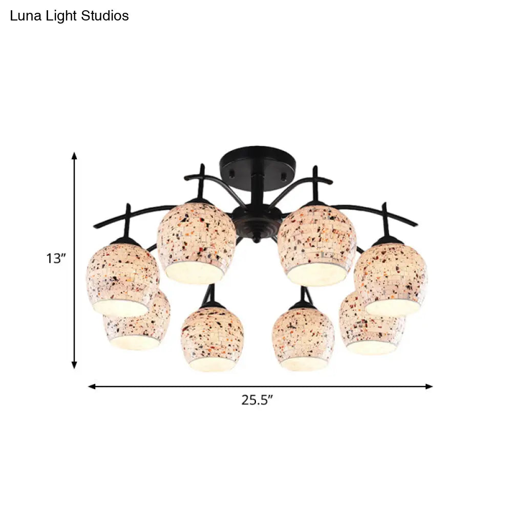 Black Mosaic Tiffany Style Semi Flush Mount Ceiling Lamp With 7/8/9 Stained Glass Lights