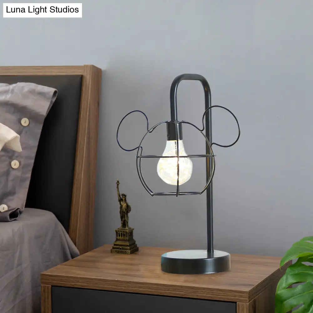 Black Mouse Head Led Nightstand Lamp For Kids With Adjustable Gooseneck Arm And Cage Design