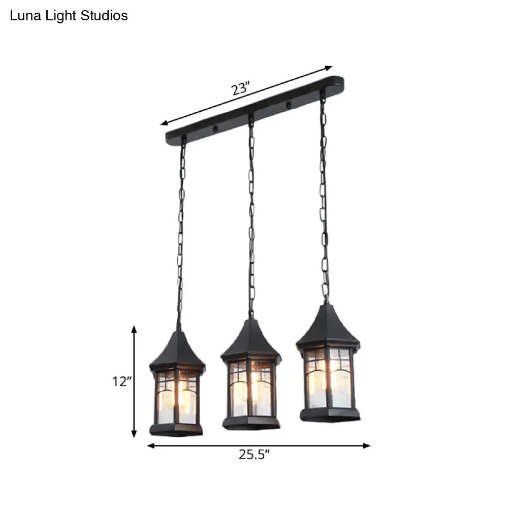 Black Multi-Panel Cottage Lantern Ceiling Light With Clear Glass And Linear Canopy - 3 Lights