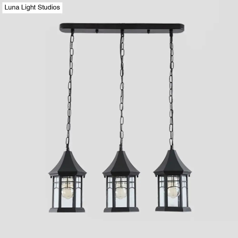 Black Multi-Panel Cottage Lantern Ceiling Light With Clear Glass And Linear Canopy - 3 Lights