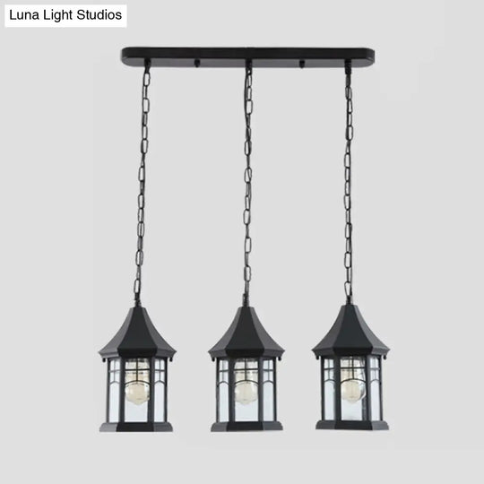 Black Multi-Panel Cottage Lantern Ceiling Light With Clear Glass And Linear Canopy - 3 Lights