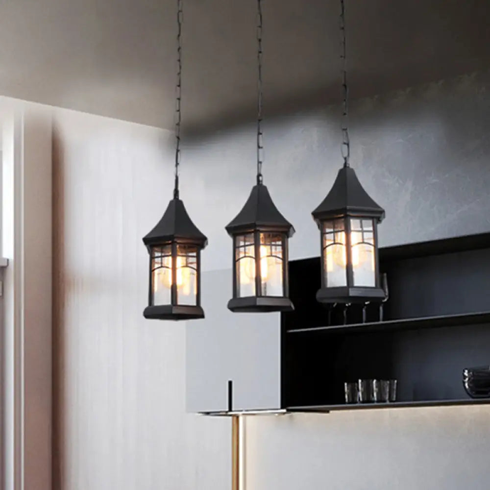 Black Multi-Panel Cottage Lantern Ceiling Light With Clear Glass And Linear Canopy - 3 Lights