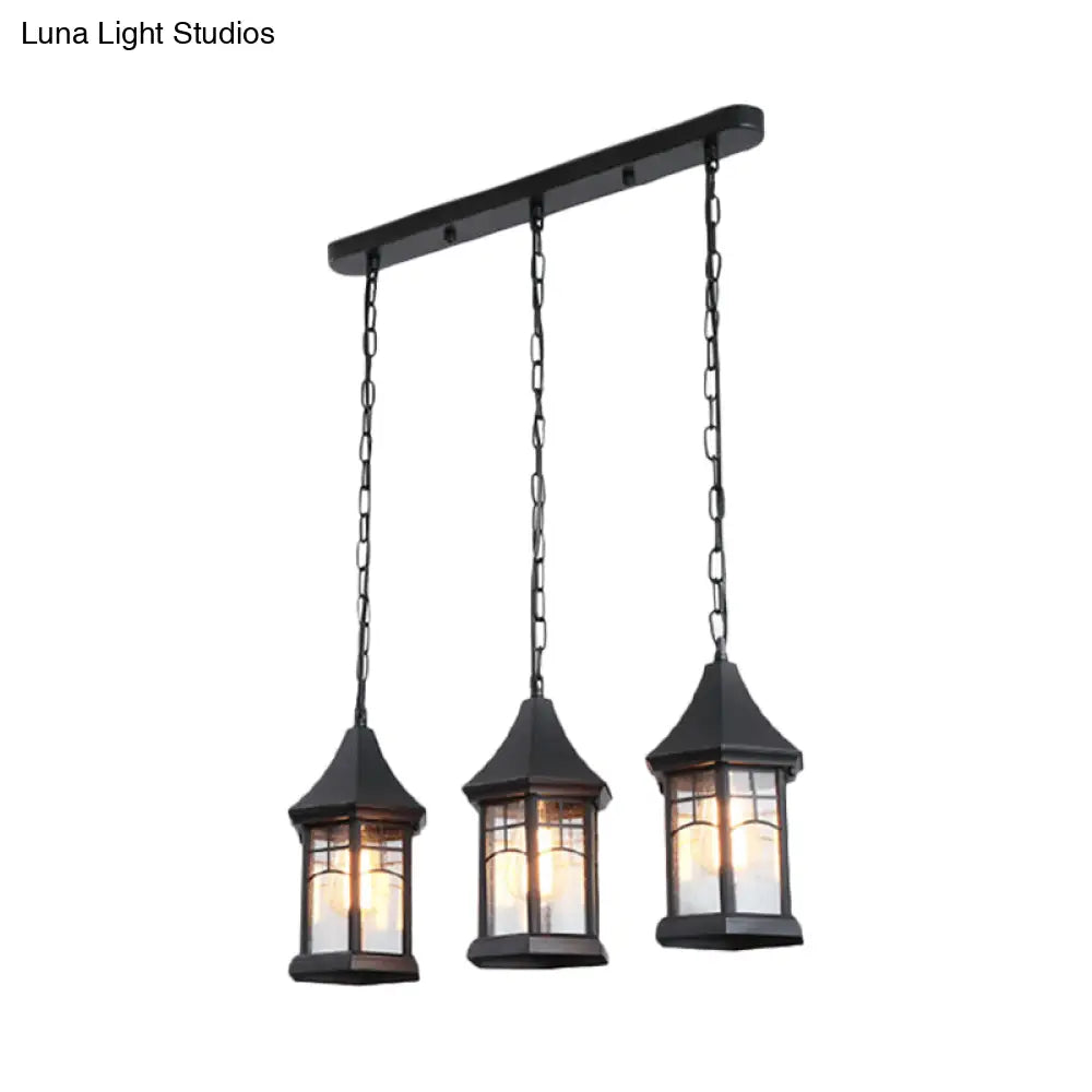 Black Multi-Panel Cottage Lantern Ceiling Light With Clear Glass And Linear Canopy - 3 Lights