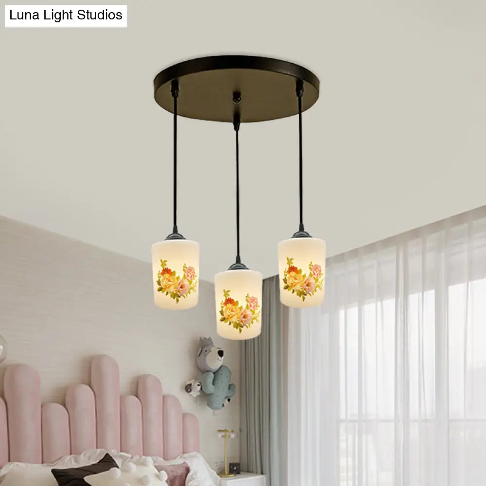 Black Multi Pendant Lamp - White Printing Glass 3-Light Dining Room Suspension Light With