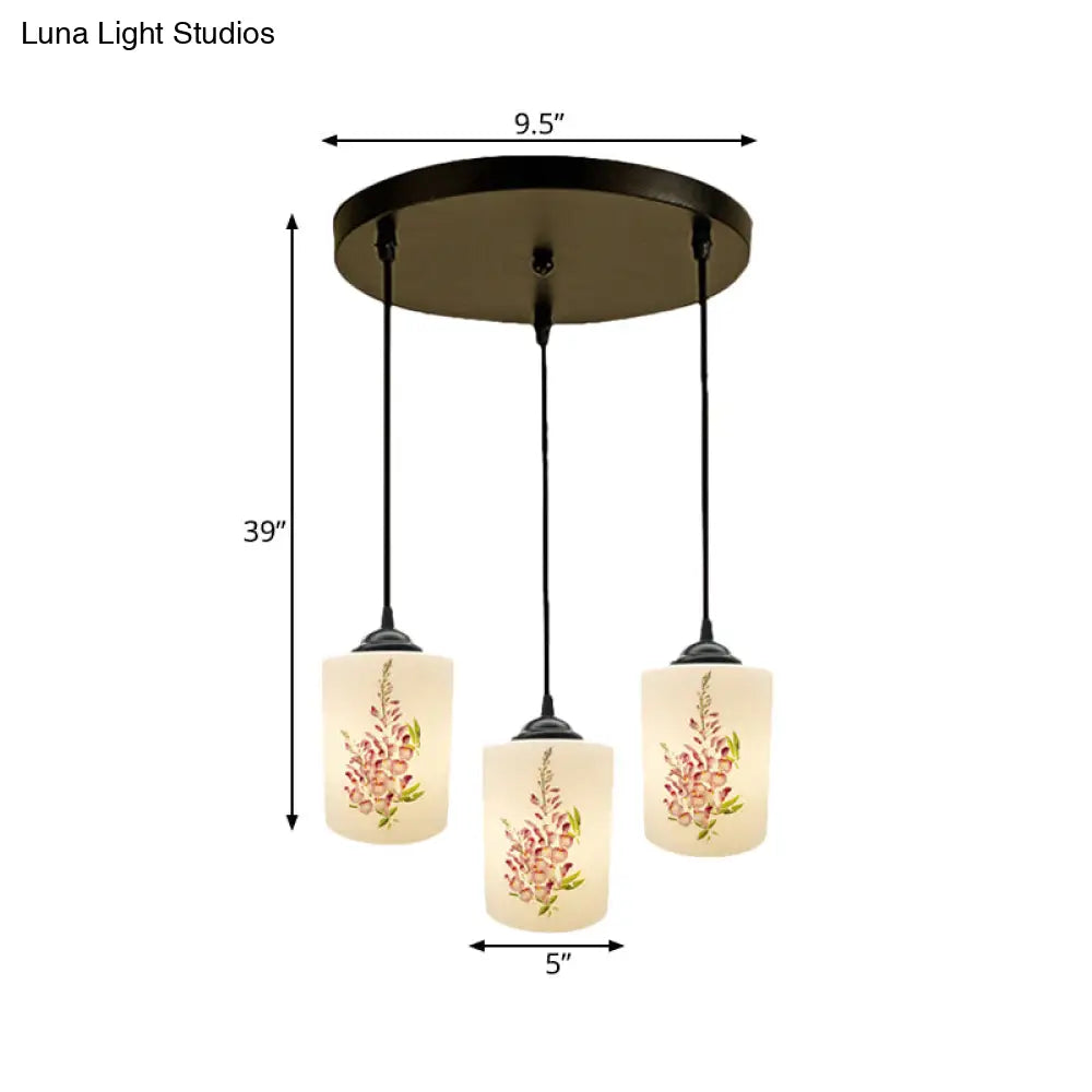 Black Multi Pendant Lamp - White Printing Glass 3-Light Dining Room Suspension Light With