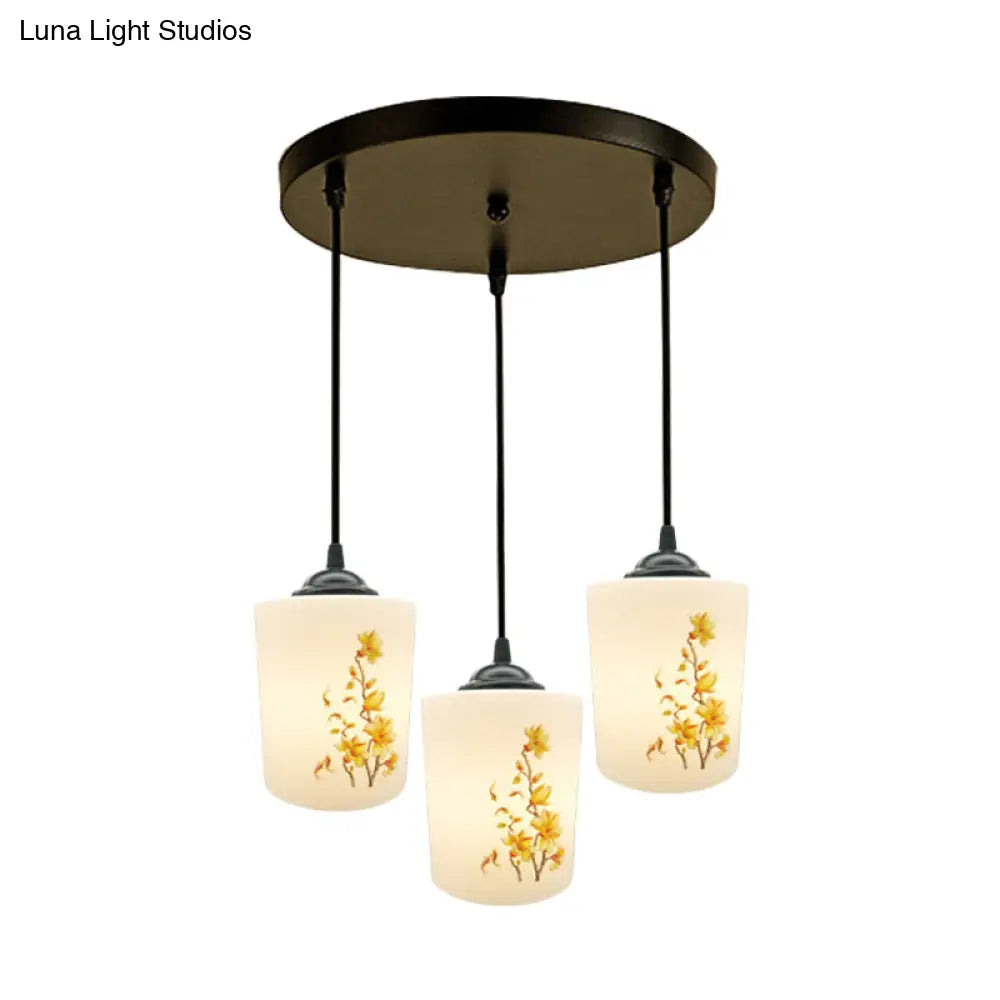 Black Multi Pendant Lamp - White Printing Glass 3-Light Dining Room Suspension Light With