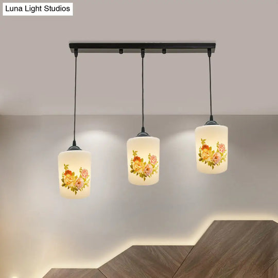 Black Multi Pendant Lamp - White Printing Glass 3-Light Dining Room Suspension Light With