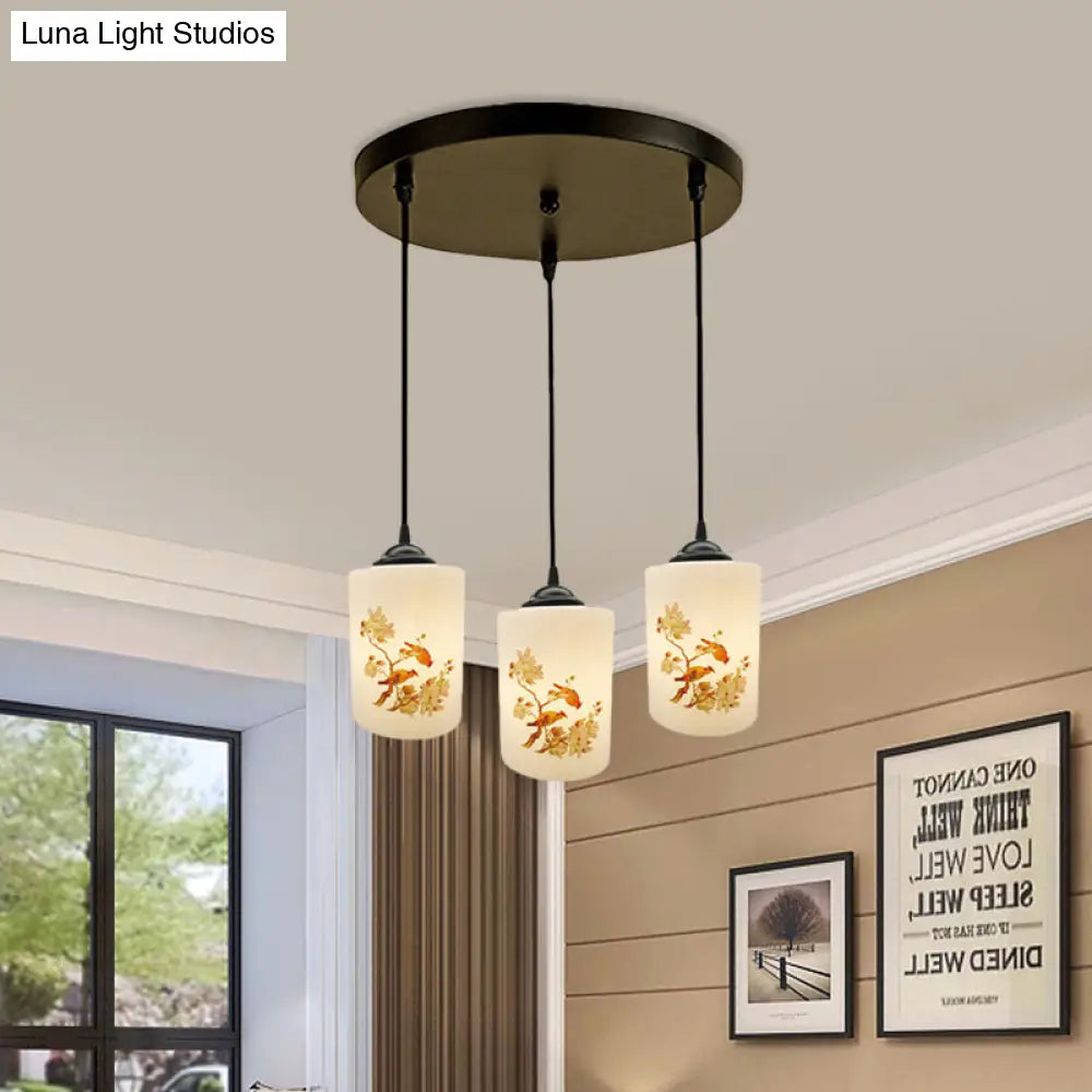 Black Multi Pendant Lamp - White Printing Glass 3-Light Dining Room Suspension Light With