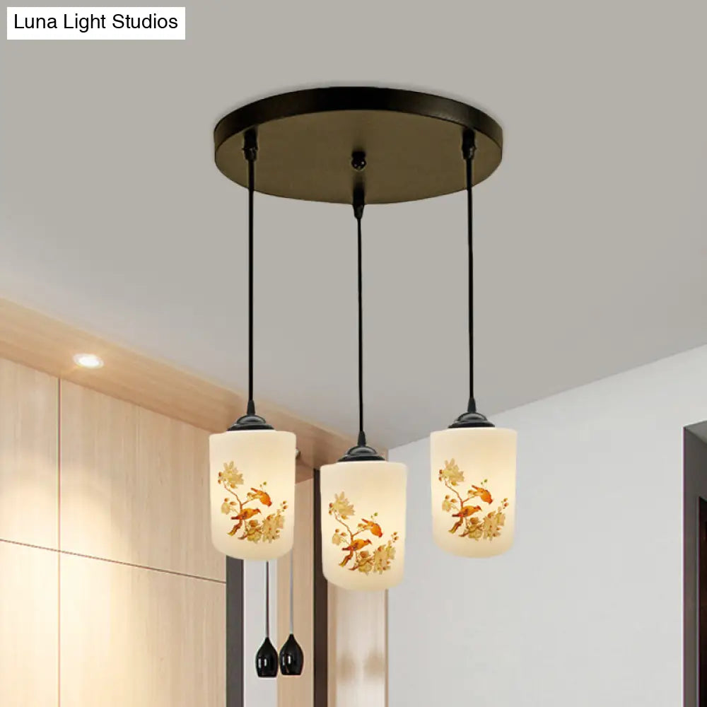 Black Multi Pendant Lamp - White Printing Glass 3-Light Dining Room Suspension Light With