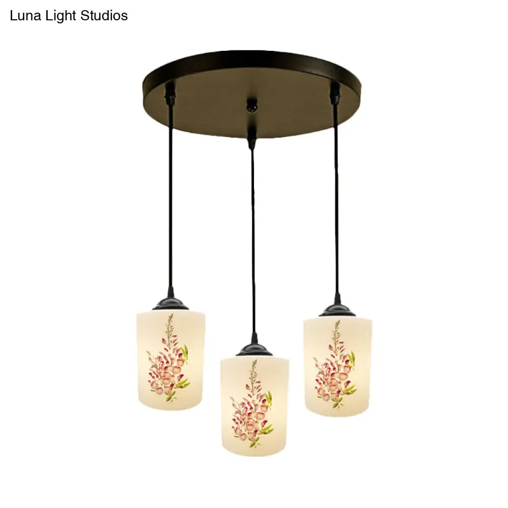 Black Multi Pendant Lamp - White Printing Glass 3-Light Dining Room Suspension Light With