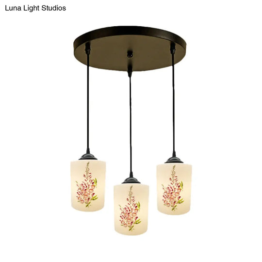 Black Multi Pendant Lamp - White Printing Glass 3-Light Dining Room Suspension Light With