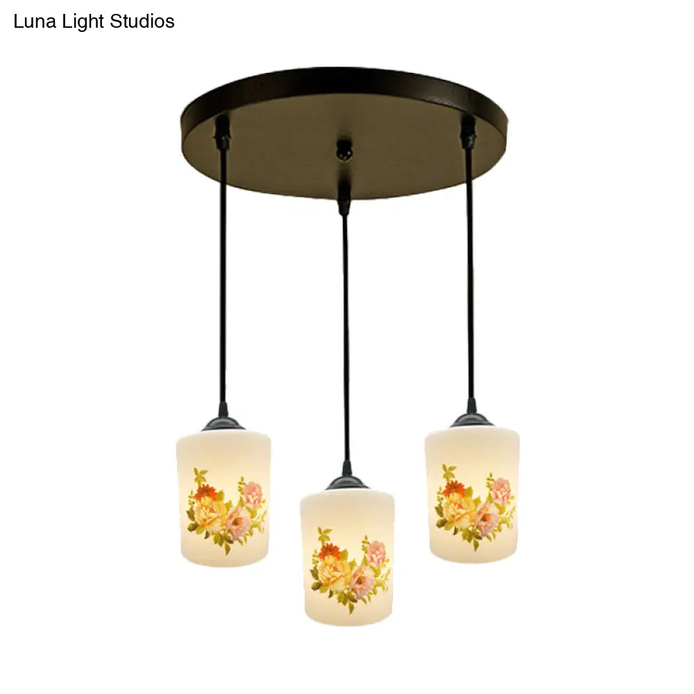 Black Multi Pendant Lamp - White Printing Glass 3-Light Dining Room Suspension Light With