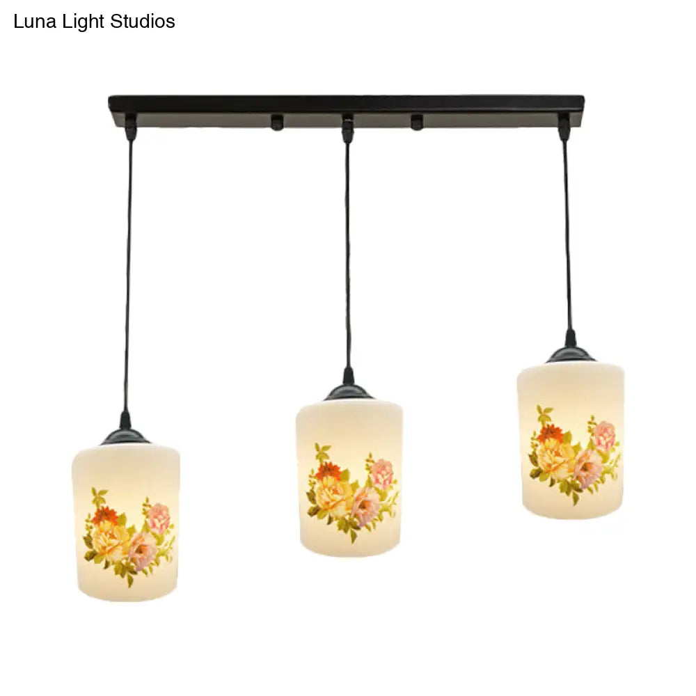 Black Multi Pendant Lamp - White Printing Glass 3-Light Dining Room Suspension Light With