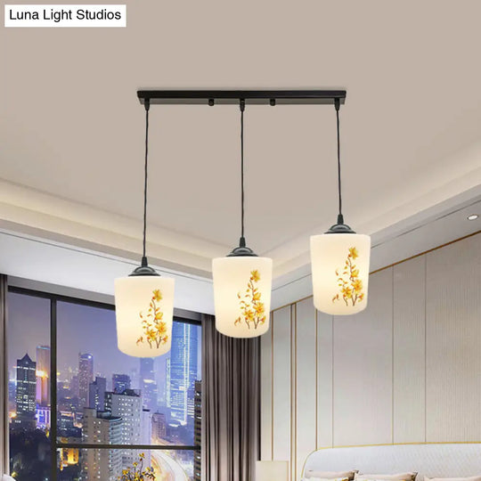 Black Multi Pendant Lamp - White Printing Glass 3-Light Dining Room Suspension Light With