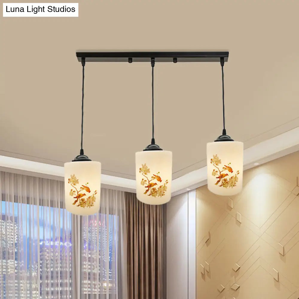 Black Multi Pendant Lamp - White Printing Glass 3-Light Dining Room Suspension Light With