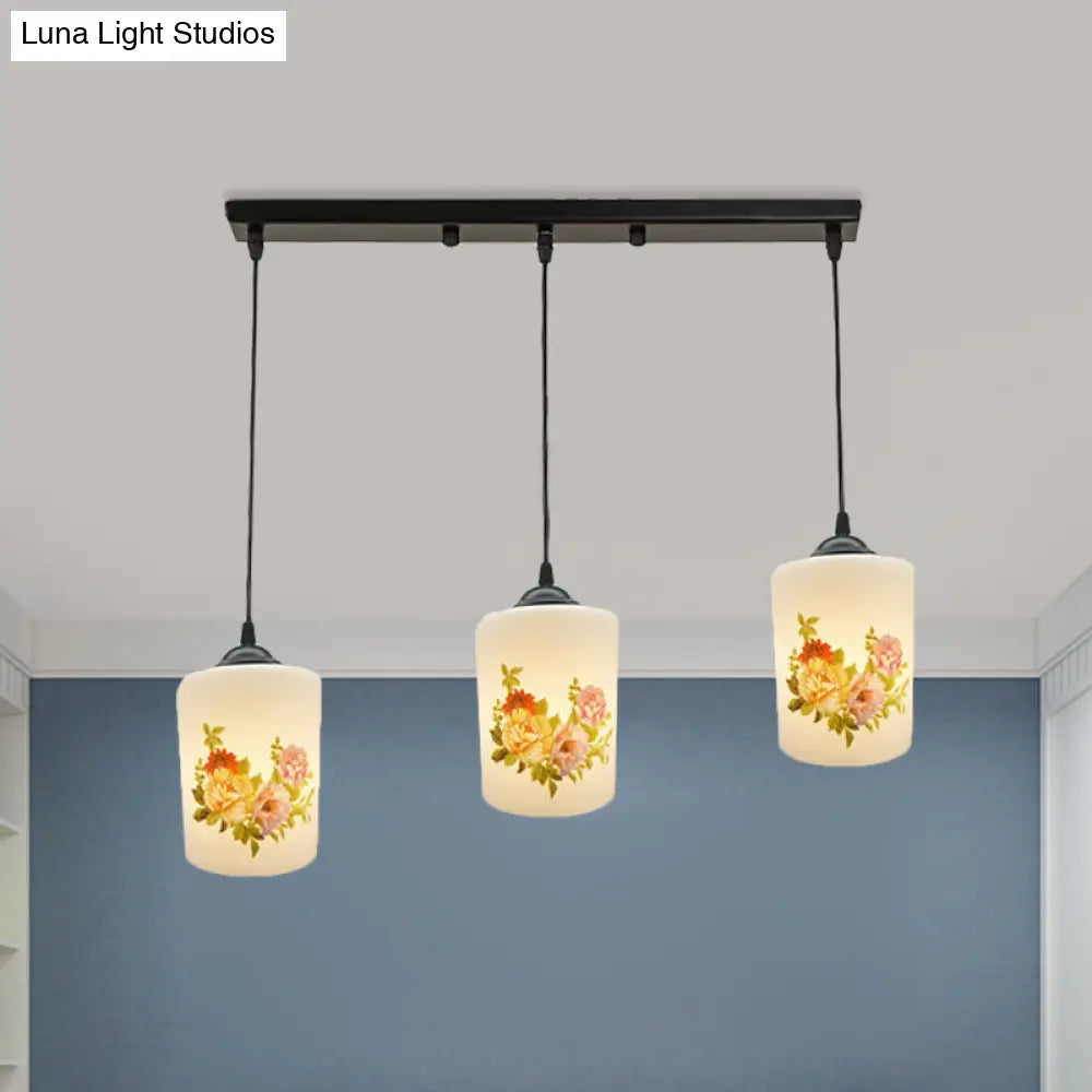 Black Multi Pendant Lamp - White Printing Glass 3-Light Dining Room Suspension Light With