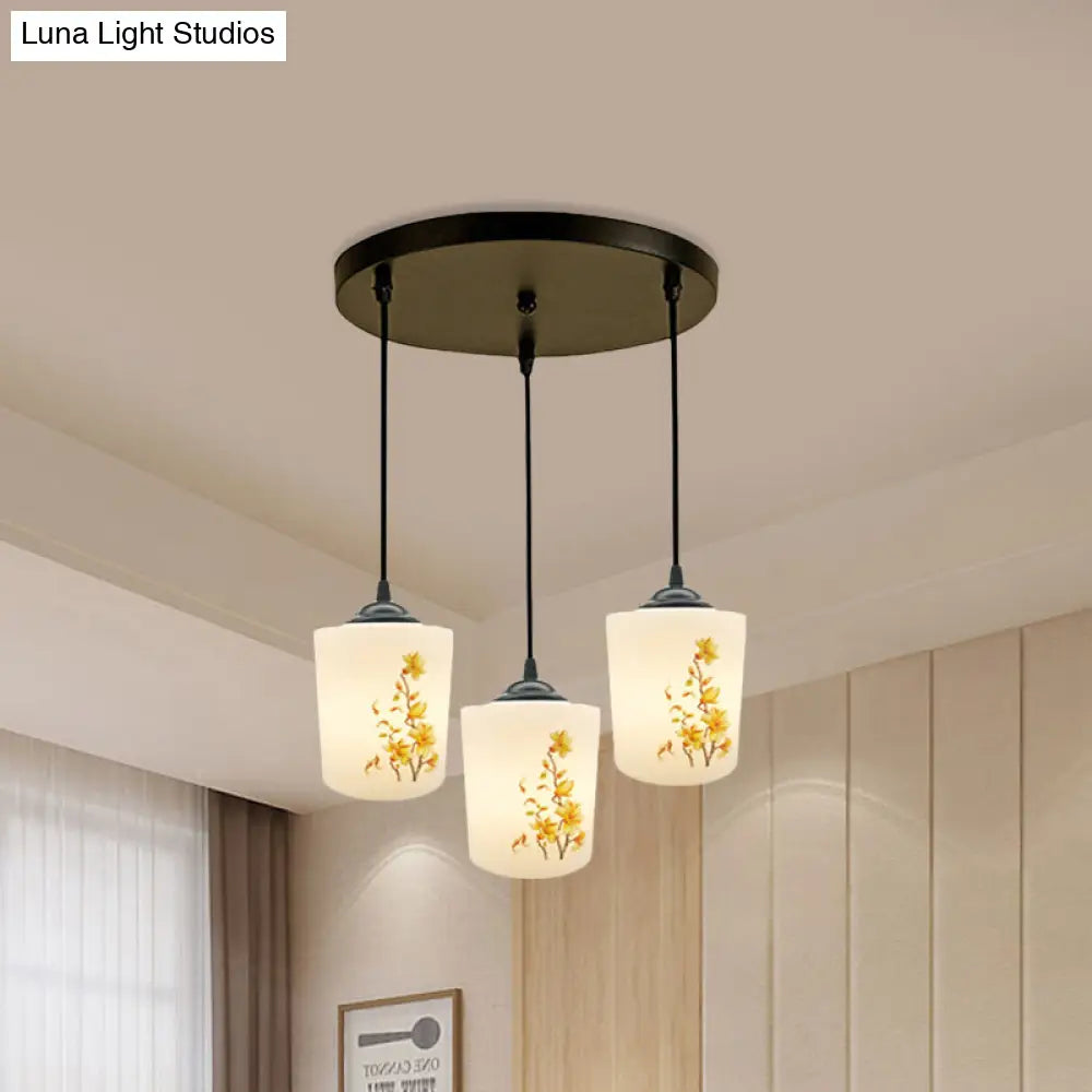 Black Multi Pendant Lamp - White Printing Glass 3-Light Dining Room Suspension Light With