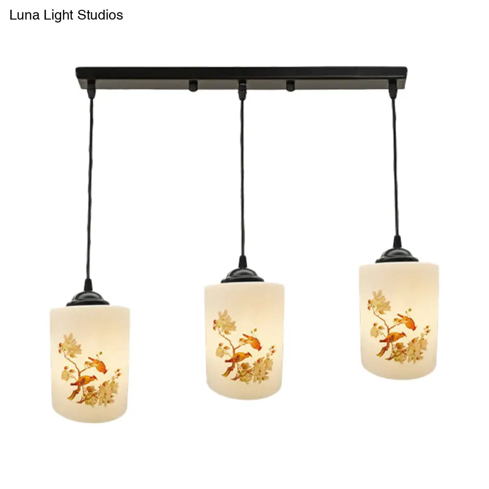 Black Multi Pendant Lamp - White Printing Glass 3-Light Dining Room Suspension Light With