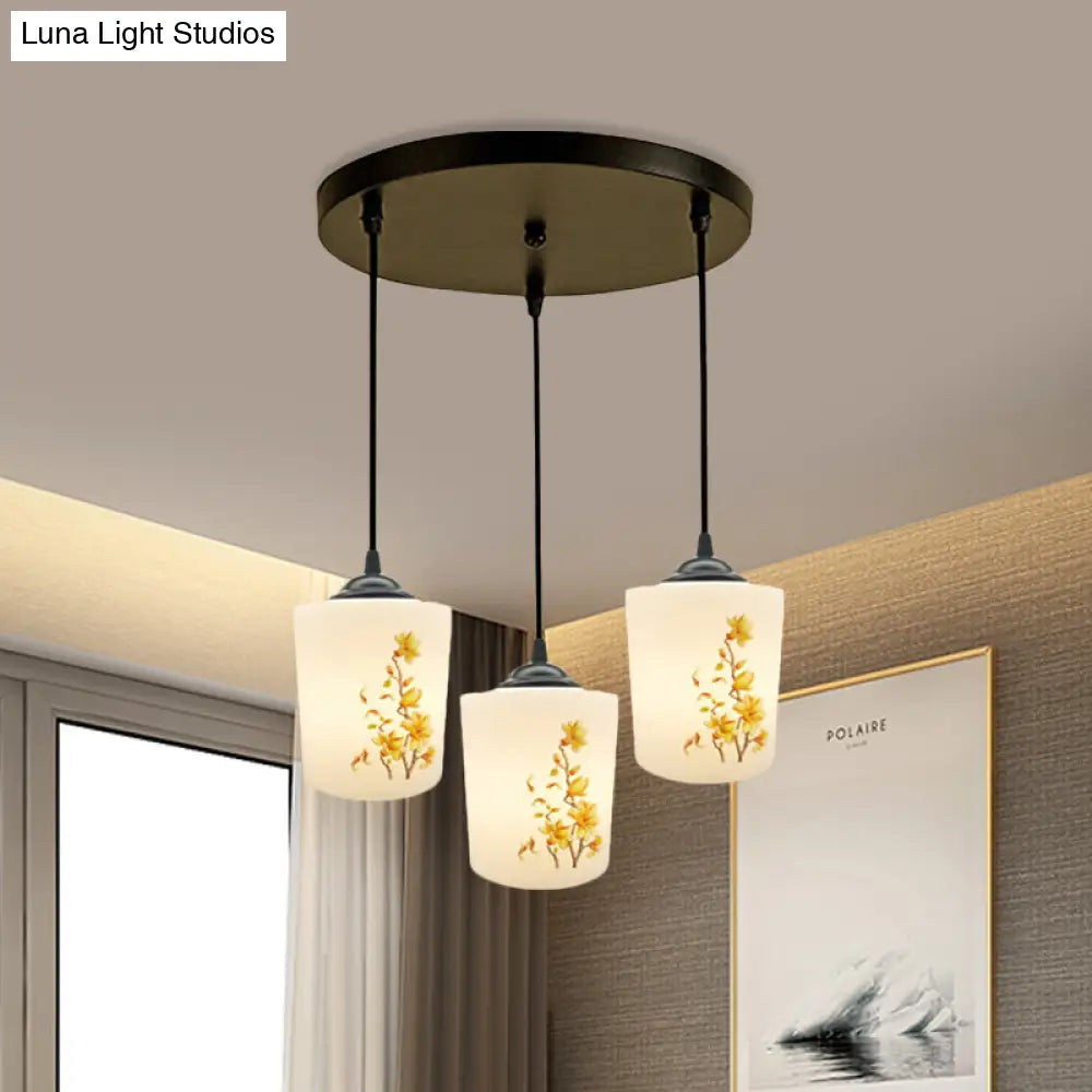 Black Multi Pendant Lamp - White Printing Glass 3-Light Dining Room Suspension Light With