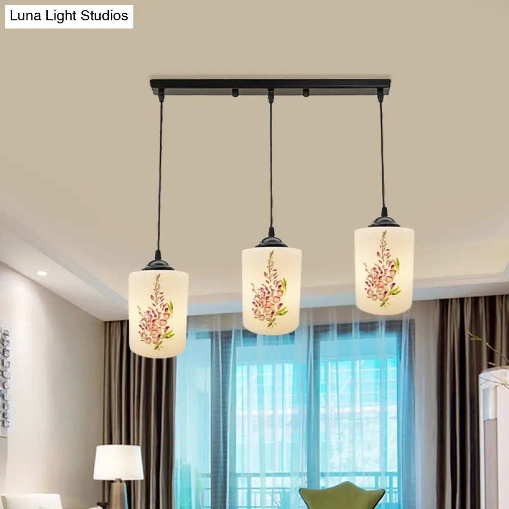 Black Multi Pendant Lamp - White Printing Glass 3-Light Dining Room Suspension Light With