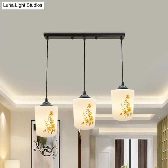 Black Multi Pendant Lamp - White Printing Glass 3-Light Dining Room Suspension Light With